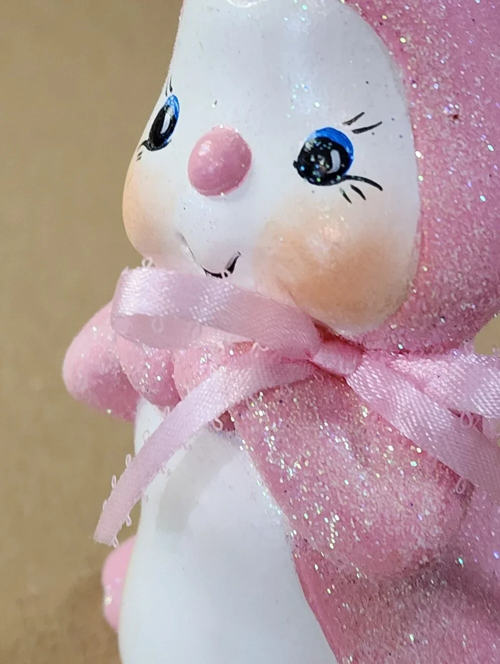 VINTAGE Anthropomorphic Ceramic Bunny Rabbit Pink Glitter Hand Painted Signed